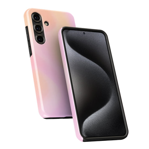 a pink and black smartphone case, with the pink case on the left and the black case on the right.