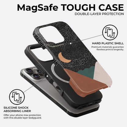 Geometric night sky abstract MagSafe tough phone case with moon design featuring hard plastic shell and silicone shock absorbing liner for double layer protection