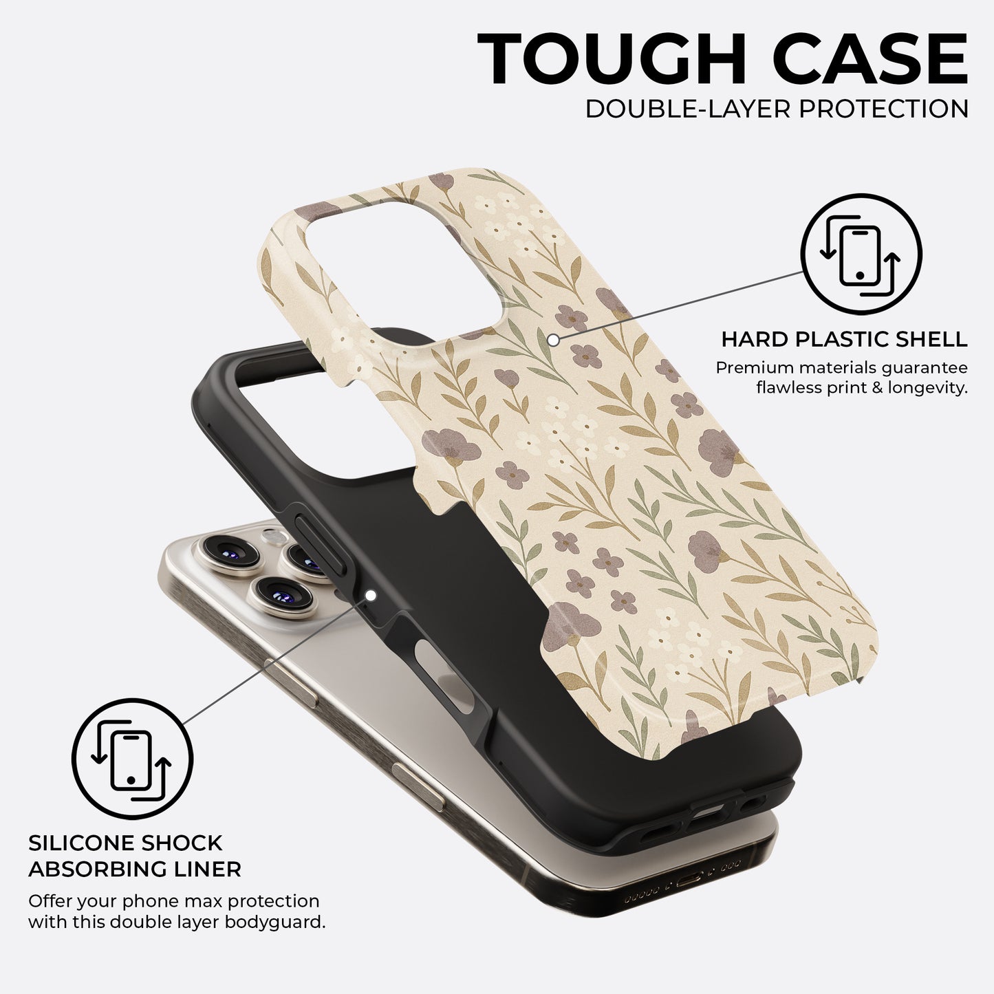 Beige floral iPhone tough case with double-layer protection, hard plastic shell, and silicone shock absorbing liner by HaloCovers