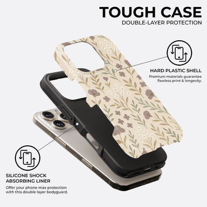 Beige floral iPhone tough case with double-layer protection, hard plastic shell, and silicone shock absorbing liner by HaloCovers