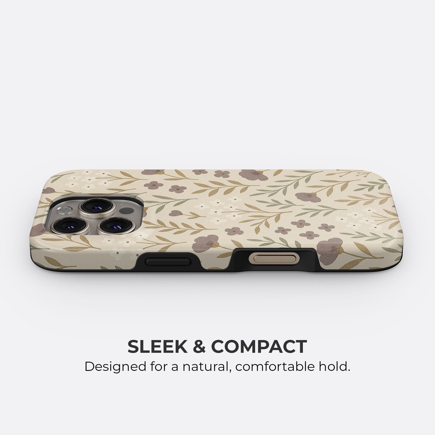 Beige floral iPhone tough case with slim sleek and compact design, offering a natural and comfortable hold