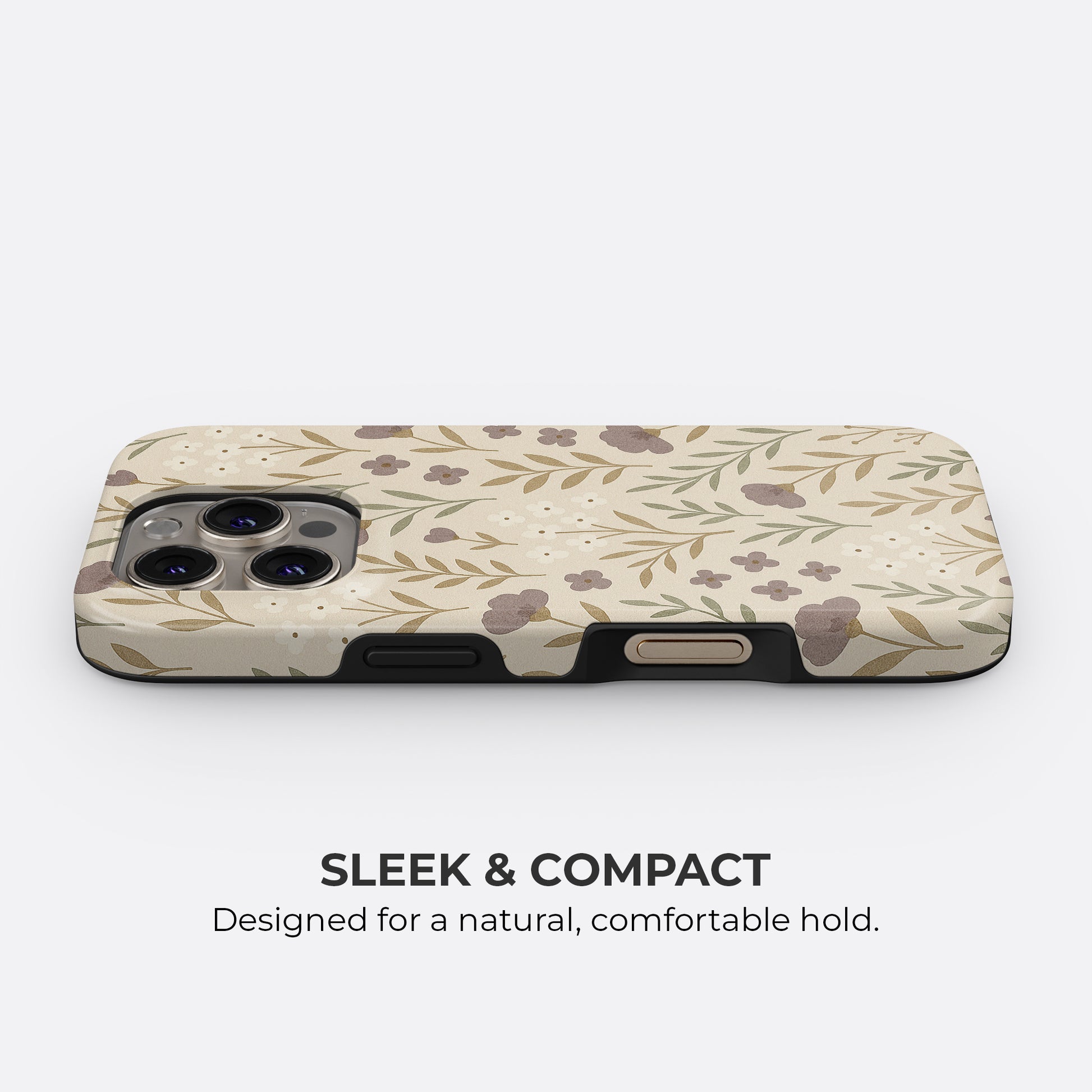 Beige floral iPhone tough case with slim sleek and compact design, offering a natural and comfortable hold