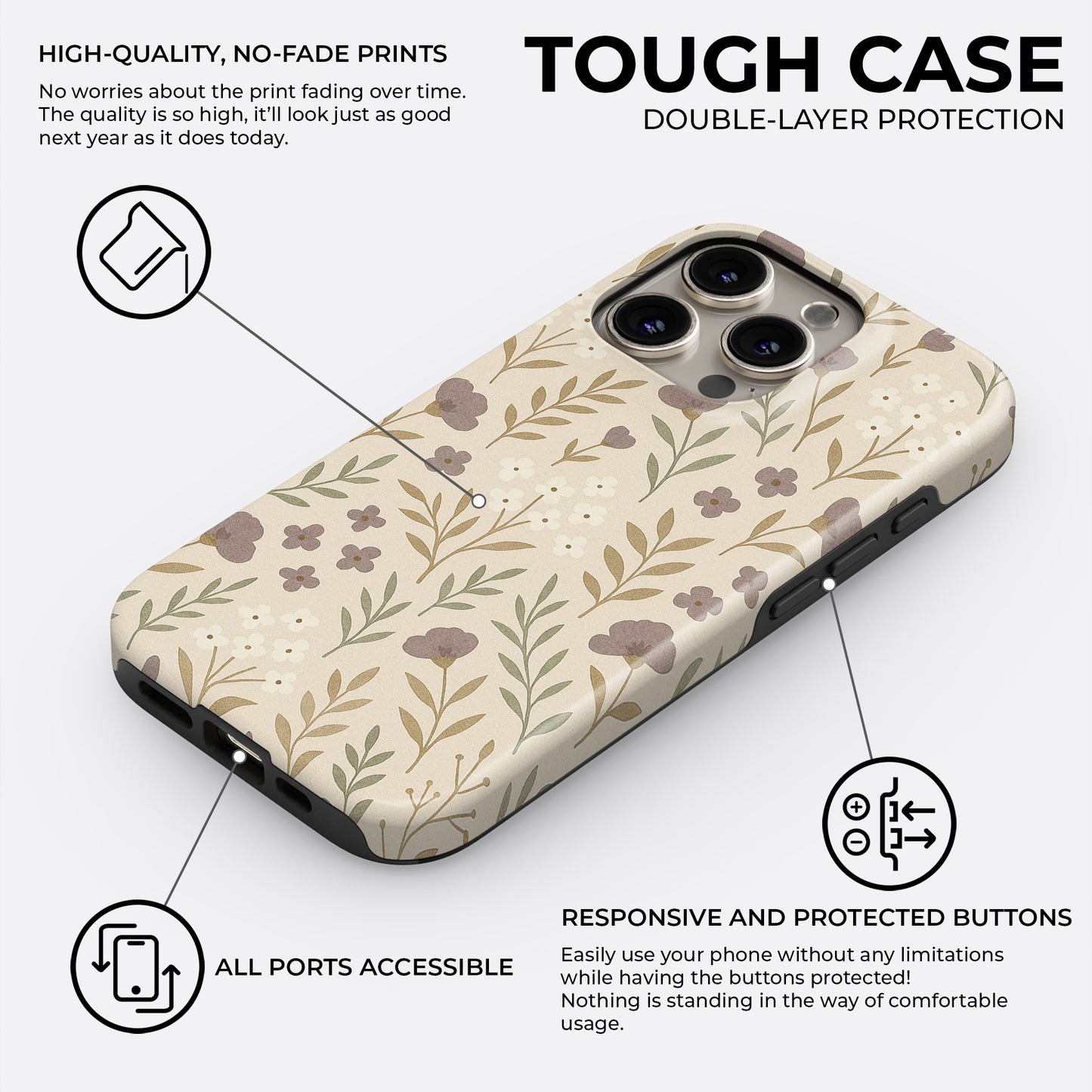 Beige floral patterned iPhone tough case with double-layer protection, responsive buttons, and all ports accessible by HaloCovers