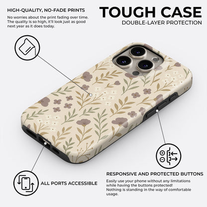 Beige floral patterned iPhone tough case with double-layer protection, responsive buttons, and all ports accessible by HaloCovers