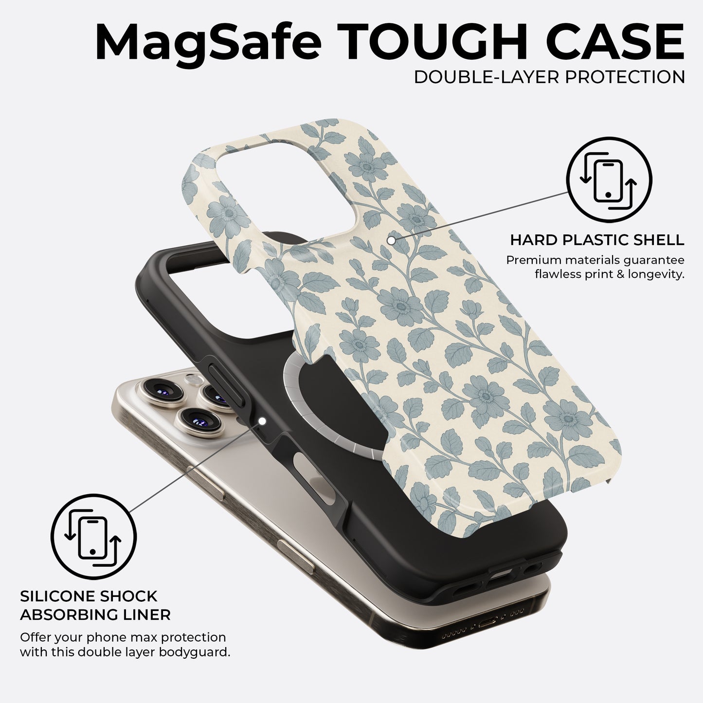 Blue floral and leaf pattern iPhone MagSafe tough case on cream background, with double-layer protection, hard plastic shell and silicone shock absorbing liner by HaloCovers