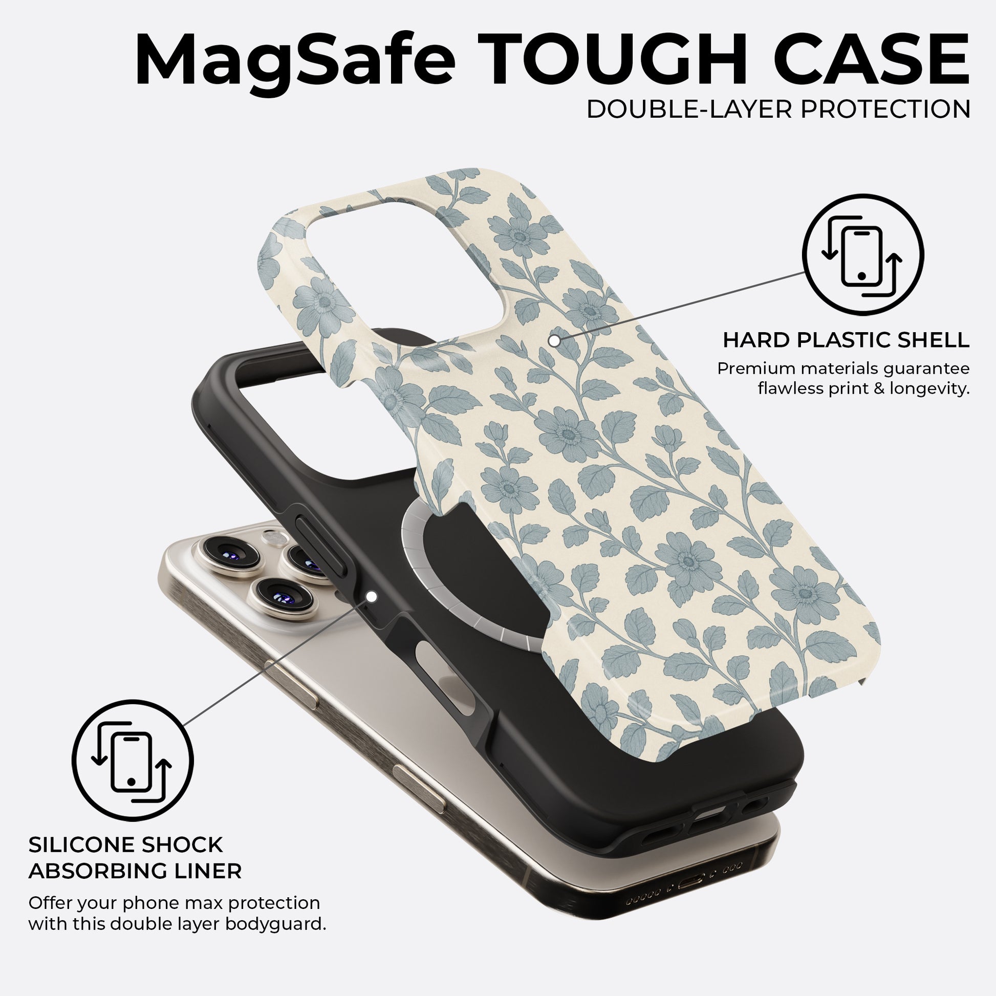 Blue floral and leaf pattern iPhone MagSafe tough case on cream background, with double-layer protection, hard plastic shell and silicone shock absorbing liner by HaloCovers