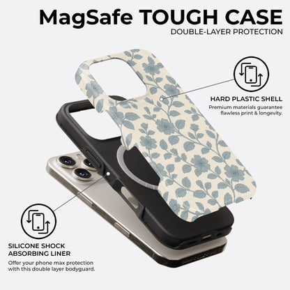 Blue floral and leaf pattern iPhone MagSafe tough case on cream background, with double-layer protection, hard plastic shell and silicone shock absorbing liner by HaloCovers