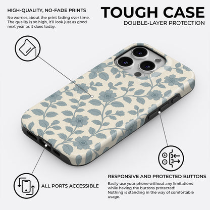 Blue floral and leaf pattern iPhone tough case on cream background, with double-layer protection and high-quality no-fade print by HaloCovers