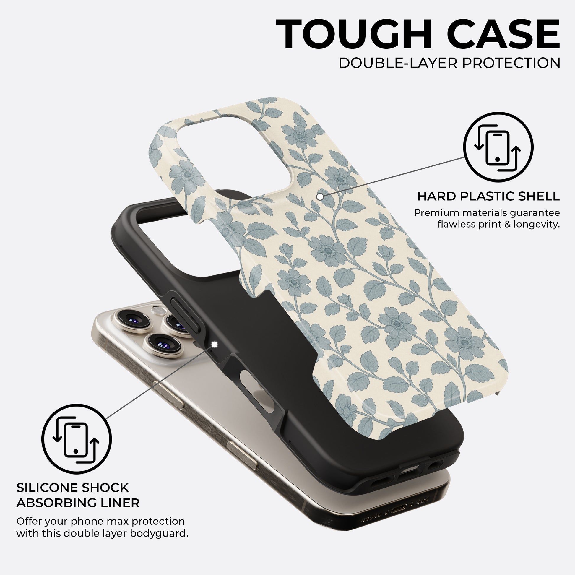 Exploded view of blue floral and leaf pattern iPhone tough case on cream background, showing hard plastic shell and silicone shock absorbing liner for double-layer protection by HaloCovers