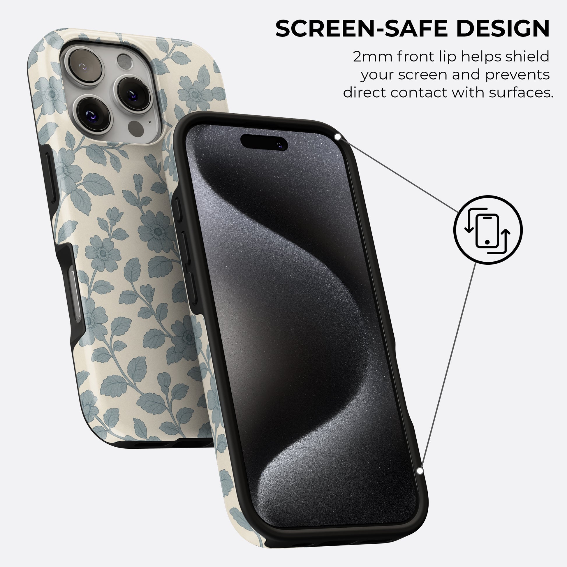 Blue floral and leaf pattern iPhone tough case on cream background, featuring 2mm front lip screen-safe design for added protection by HaloCovers