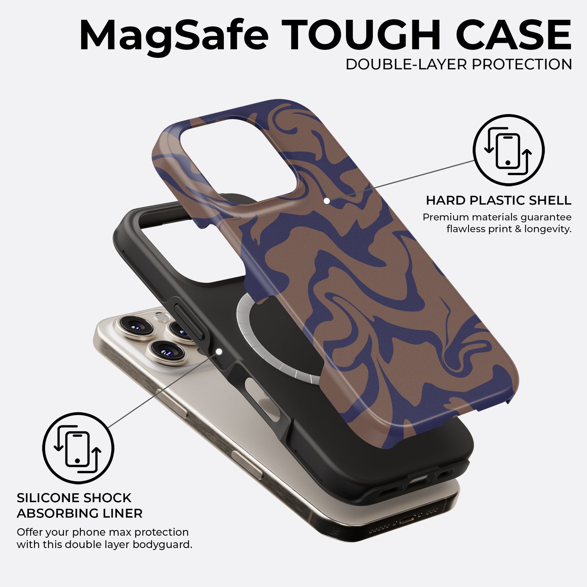 Brown and navy abstract MagSafe tough phone case by HaloCovers showing double-layer protection with hard plastic shell and silicone shock-absorbing liner