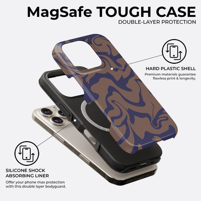 Brown and navy abstract MagSafe tough phone case by HaloCovers showing double-layer protection with hard plastic shell and silicone shock-absorbing liner