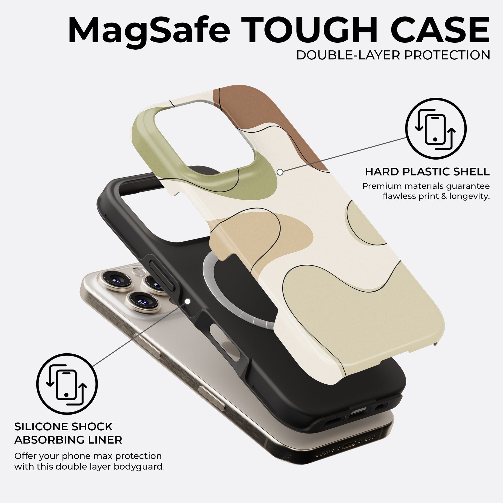 Earth tone abstract iPhone MagSafe tough case with beige, brown and green design, double-layer protection with hard plastic shell and silicone liner by HaloCovers