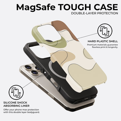 Earth tone abstract iPhone MagSafe tough case with beige, brown and green design, double-layer protection with hard plastic shell and silicone liner by HaloCovers
