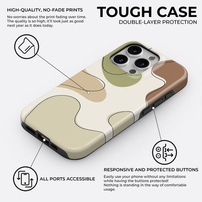 Earth tone abstract iPhone tough case with beige, brown and green design, double-layer protection and high-quality no-fade print by HaloCovers
