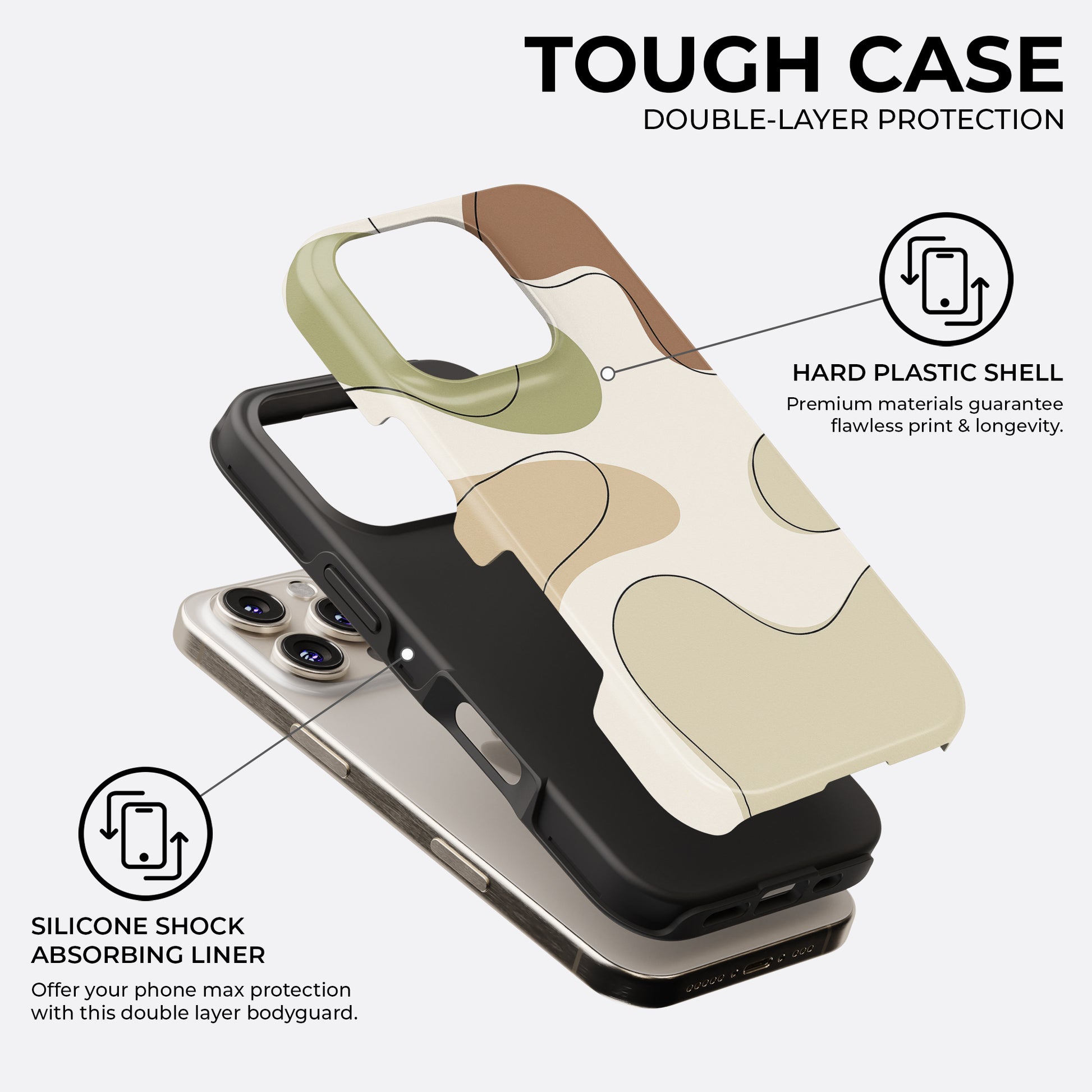 Exploded view of earth tone abstract iPhone tough case with beige, brown and green design, showing hard plastic shell and silicone shock absorbing liner by HaloCovers