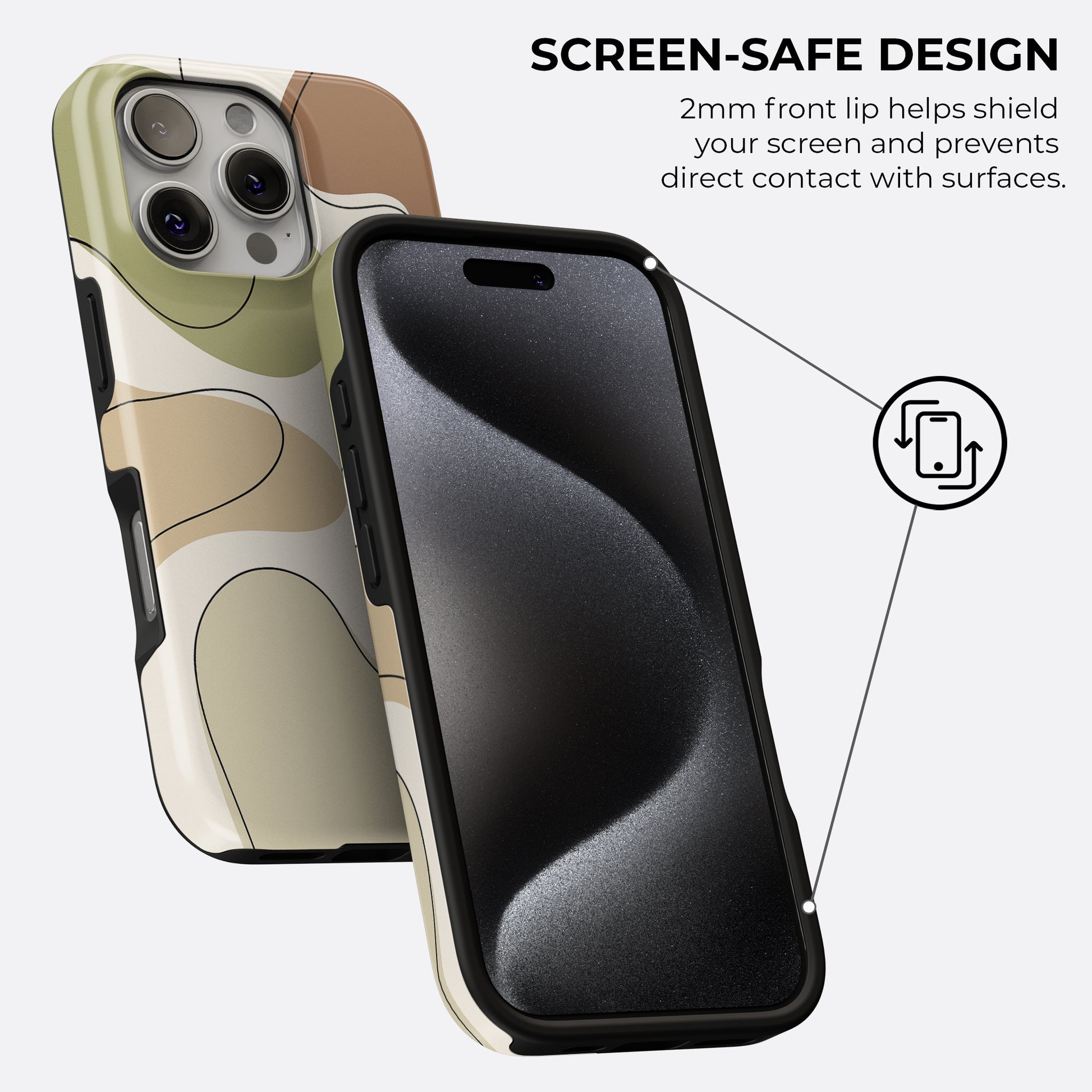 Earth tone abstract iPhone tough case with beige, brown and green design, featuring 2mm front lip screen-safe protection by HaloCovers