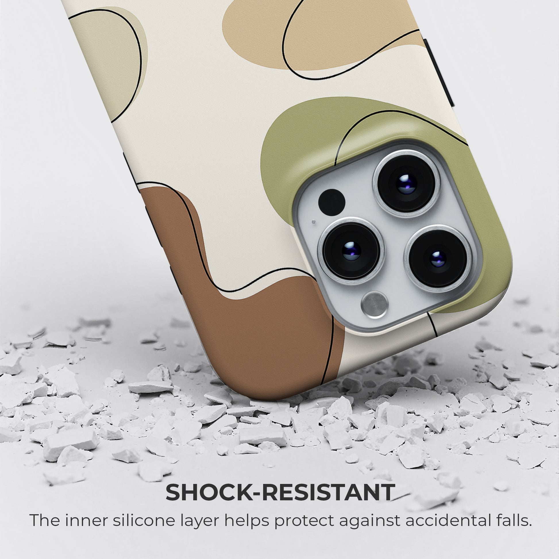 Shock-resistant earth tone abstract iPhone tough case with beige, brown and green design, silicone layer for drop protection by HaloCovers