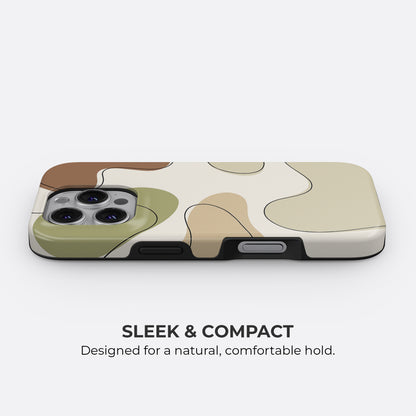 Slim and compact earth tone abstract iPhone tough case with beige, brown and green design, sleek profile for comfortable hold by HaloCovers