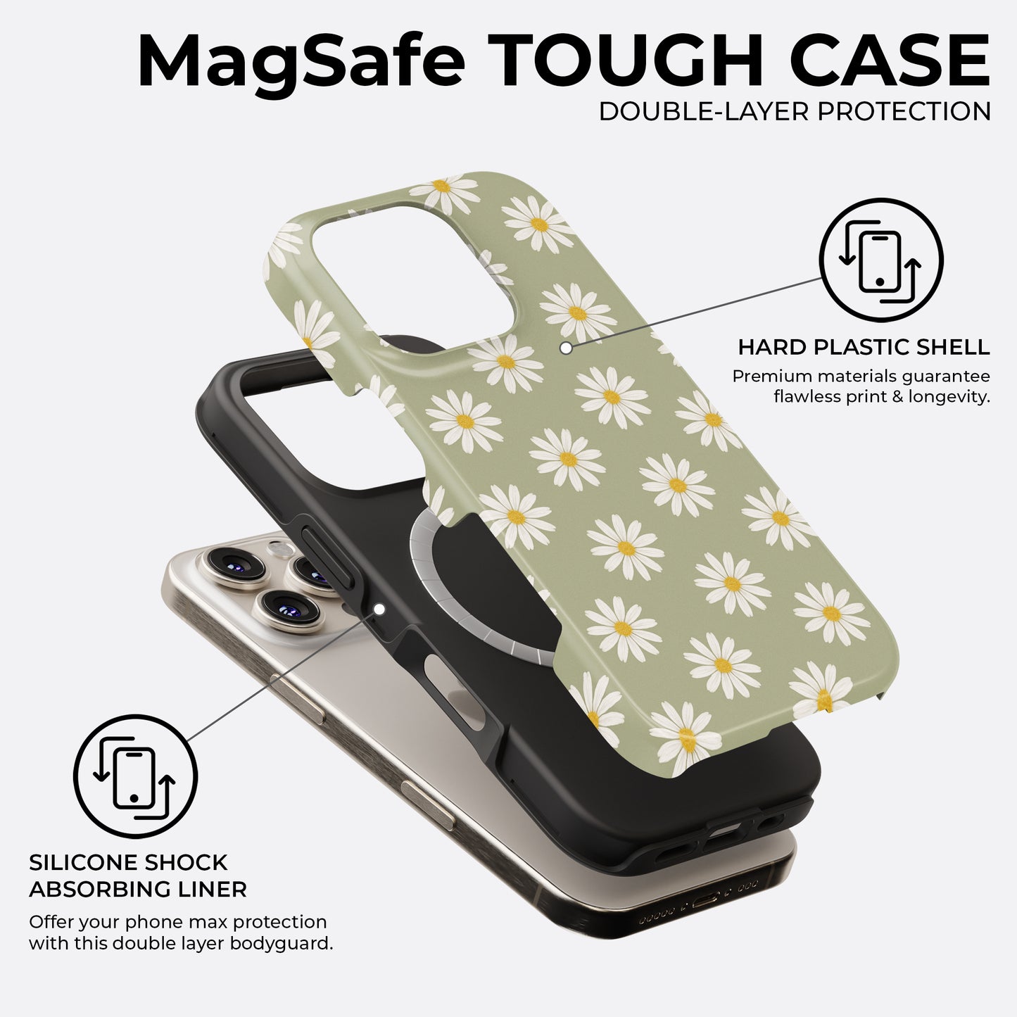 Green daisy MagSafe iPhone tough case with double-layer protection and shock-absorbing liner