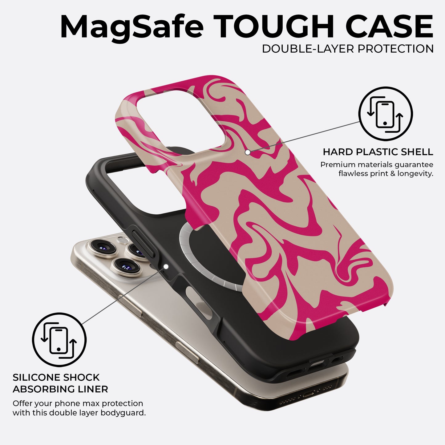 MagSafe compatible hot pink and beige abstract wavy iPhone tough case with double-layer protection and shock-absorbing silicone liner by HaloCovers