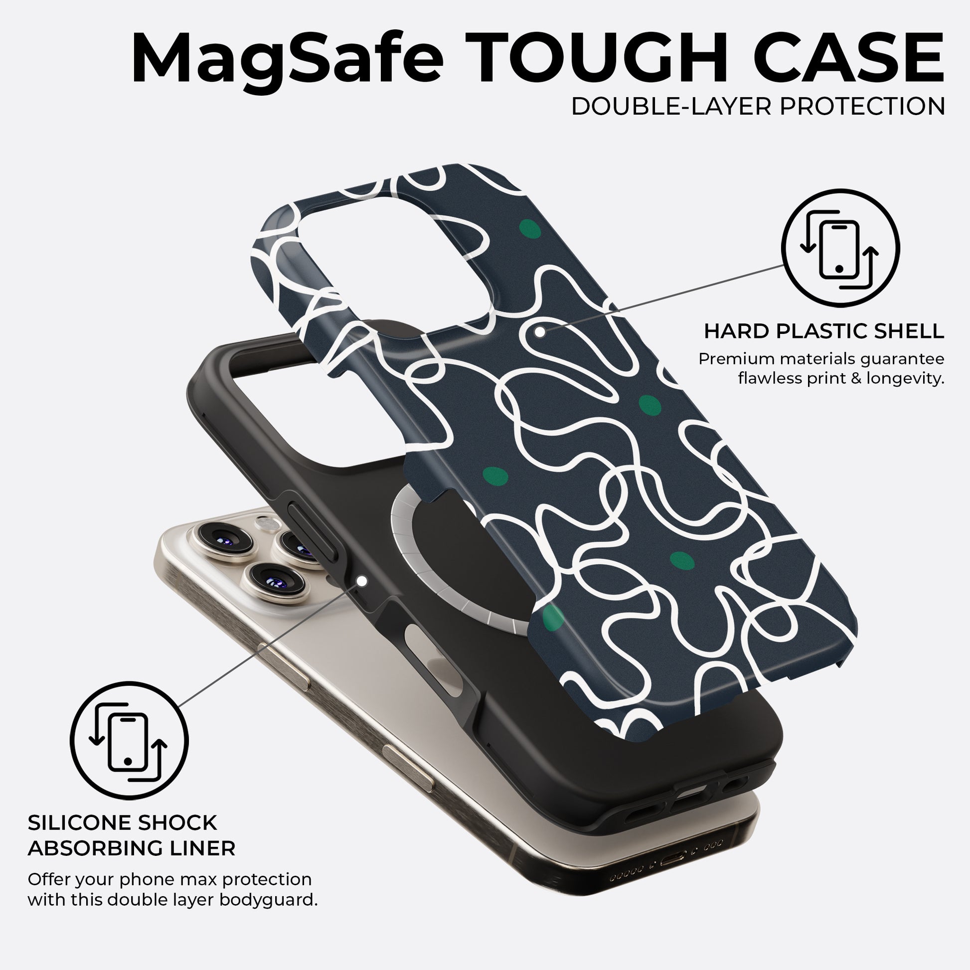 Navy iPhone MagSafe tough case with abstract white line and green dot pattern, double-layer protection with hard plastic shell and silicone liner by HaloCovers