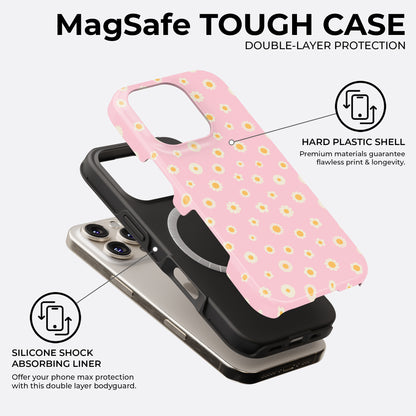 Pink iPhone MagSafe tough case with white and yellow daisy floral pattern, double-layer protection with hard plastic shell and silicone liner by HaloCovers