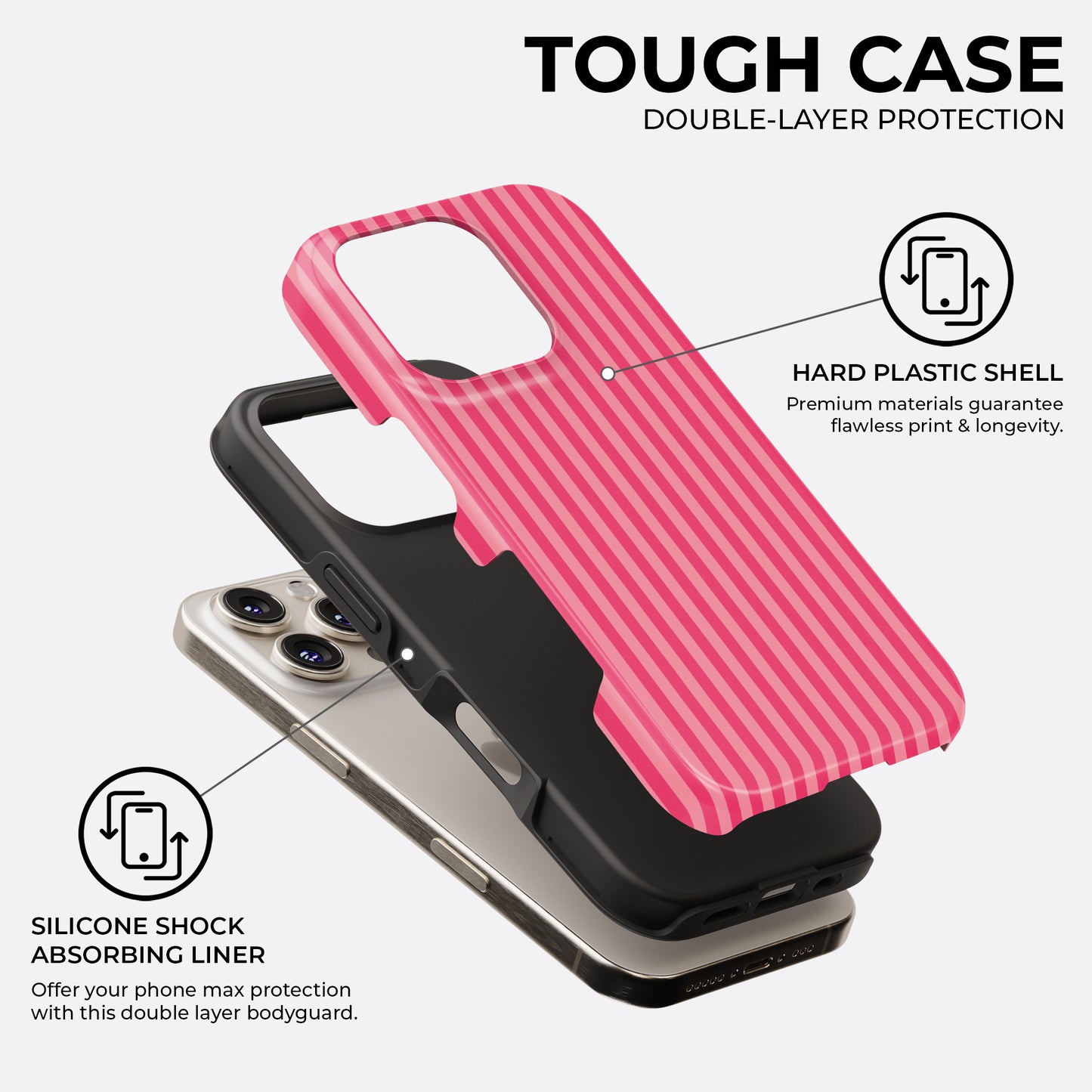 Pink striped iPhone MagSafe tough case with double-layer protection and silicone shock absorbing liner