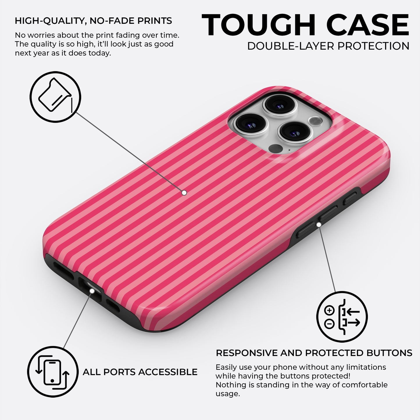 Pink striped iPhone tough case with double-layer protection and high-quality no-fade print