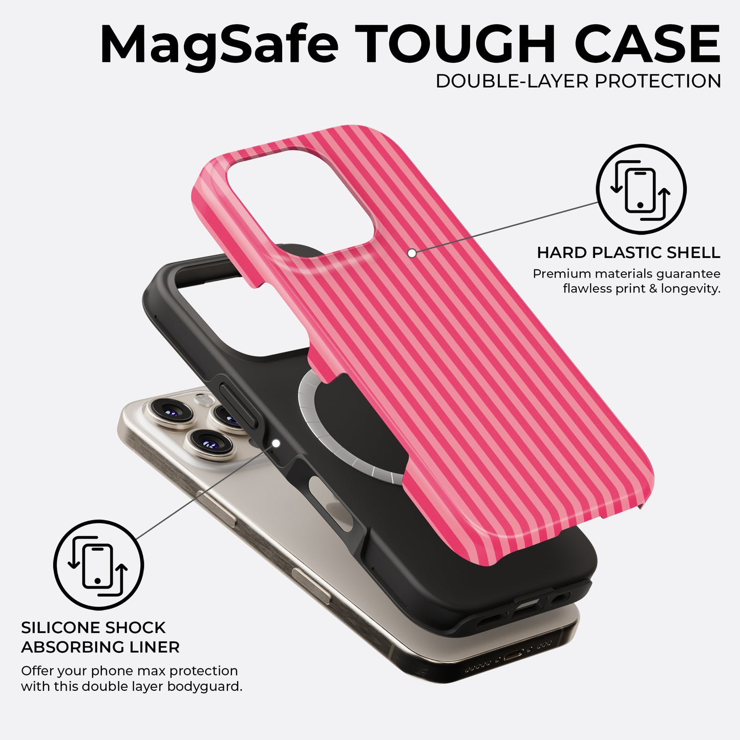 Pink striped MagSafe iPhone tough case with double-layer protection and shock-absorbing liner