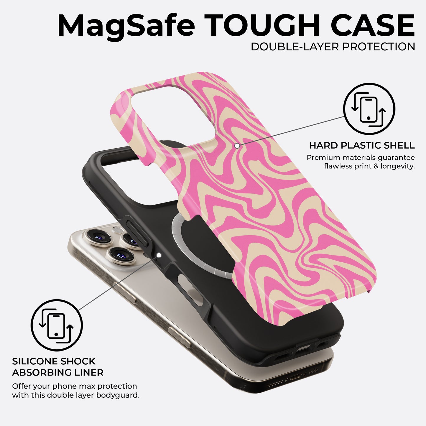 Pink wavy abstract iPhone MagSafe tough case with double-layer protection, hard plastic shell and silicone shock absorbing liner by HaloCovers
