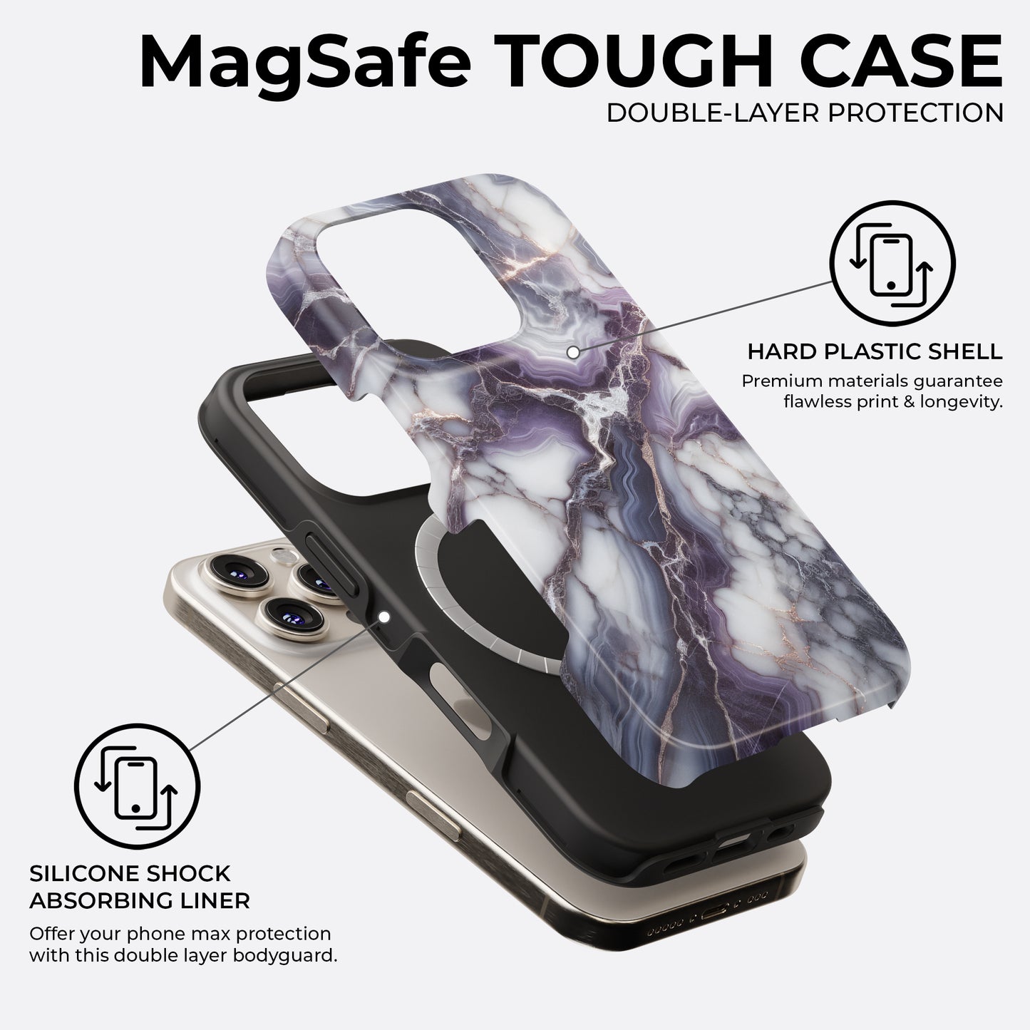 Purple marble MagSafe iPhone tough case with double-layer protection, hard shell, and shock-absorbing silicone liner