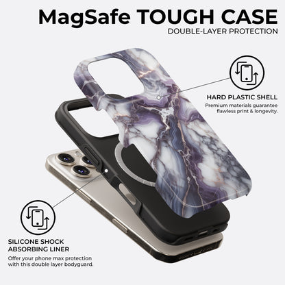 Purple marble MagSafe iPhone tough case with double-layer protection, hard shell, and shock-absorbing silicone liner