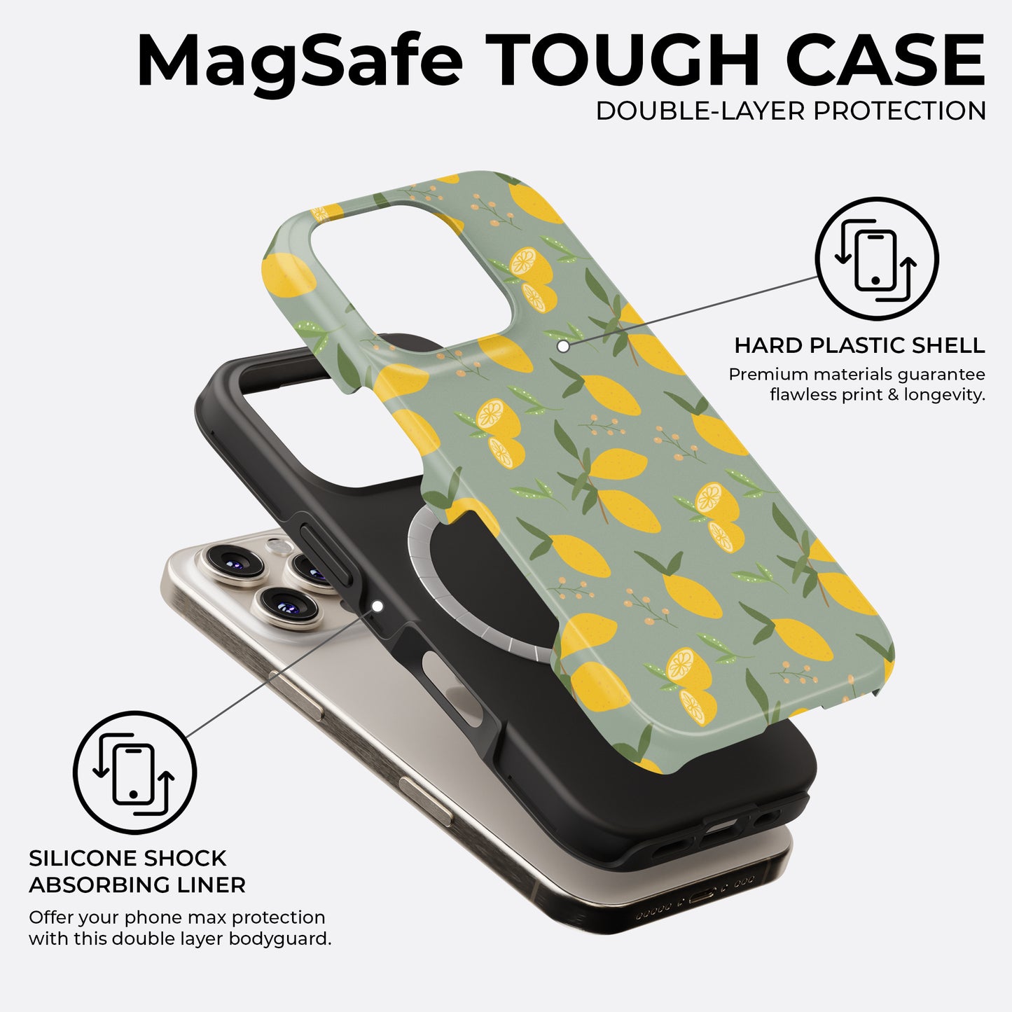 Lemon pattern MagSafe tough phone case with double-layer protection, featuring hard plastic shell and silicone shock-absorbing liner