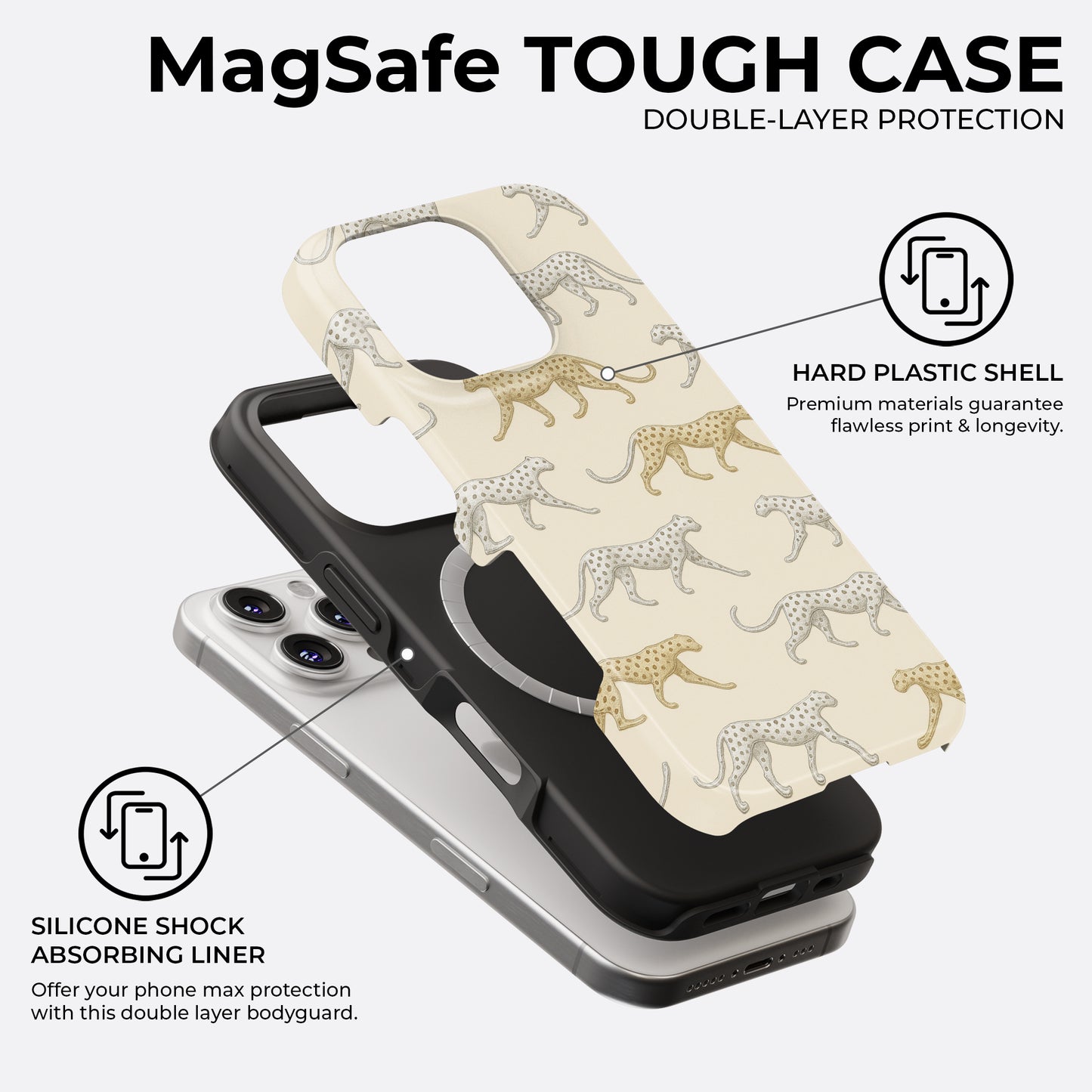 Leopard MagSafe tough phone case featuring double-layer protection with hard plastic shell and silicone shock-absorbing liner, by HaloCovers