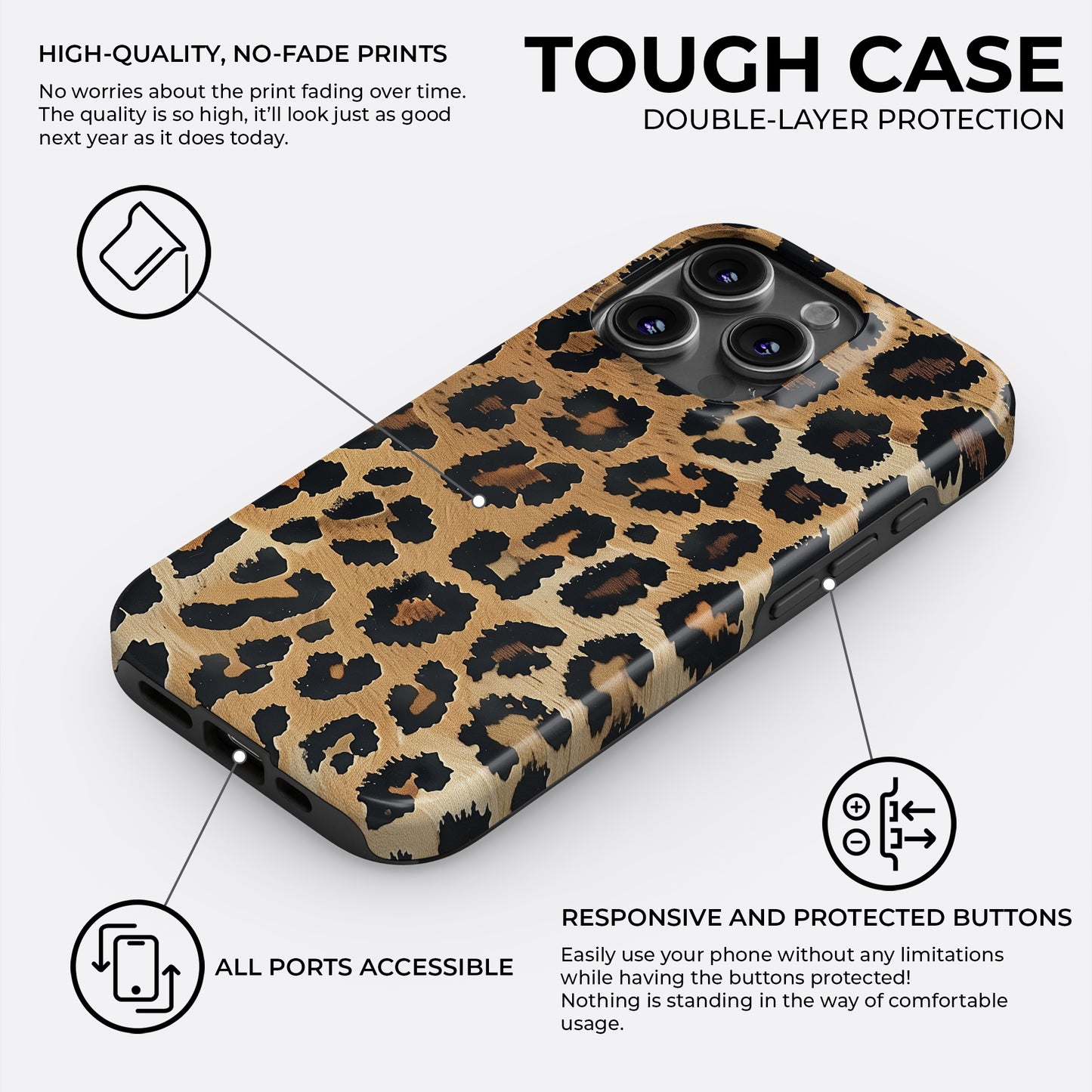 HaloCovers leopard print tough phone case with animal skin design, double-layer protection, shock-absorbing silicone liner and durable hard shell, compatible with iPhone, Samsung Galaxy, and Google Pixel