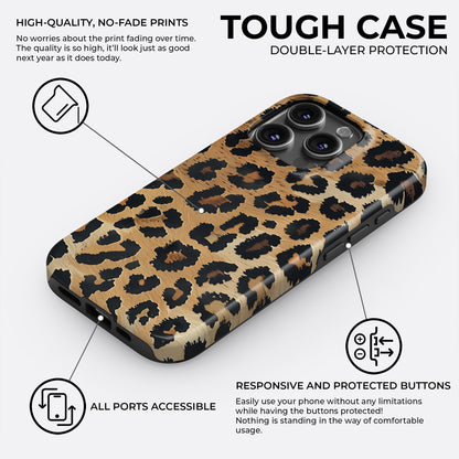 HaloCovers leopard print tough phone case with animal skin design, double-layer protection, shock-absorbing silicone liner and durable hard shell, compatible with iPhone, Samsung Galaxy, and Google Pixel