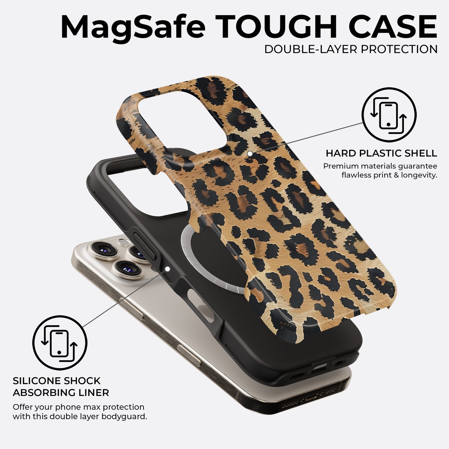 HaloCovers leopard print MagSafe tough phone case with double-layer protection, hard plastic shell and silicone liner, stylish animal print cover compatible with iPhone, Samsung Galaxy, and Google Pixel