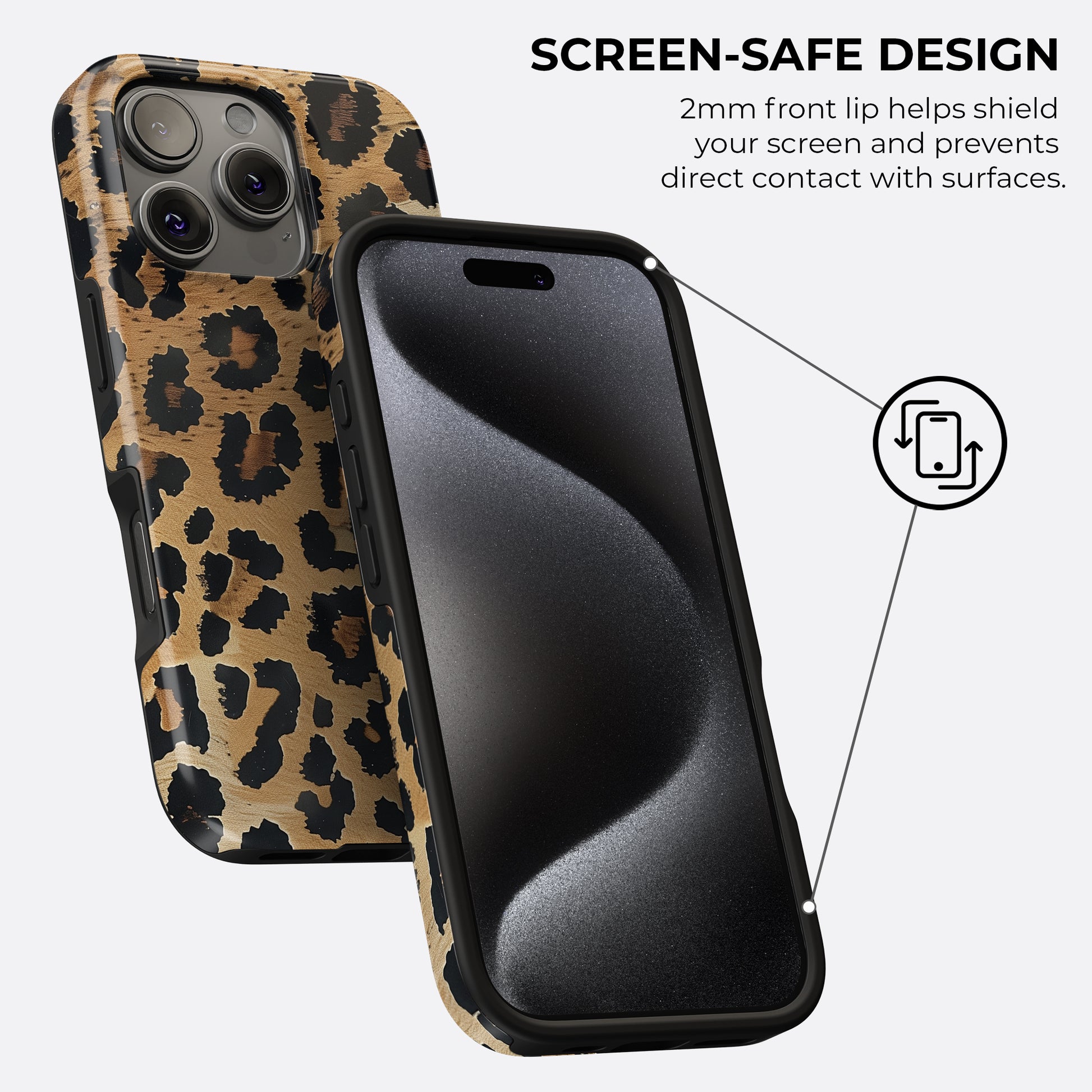 HaloCovers leopard print tough phone case with 2mm raised front lip screen-safe design, shock-absorbing dual-layer protection, stylish animal print cover compatible with iPhone, Samsung Galaxy, and Google Pixel