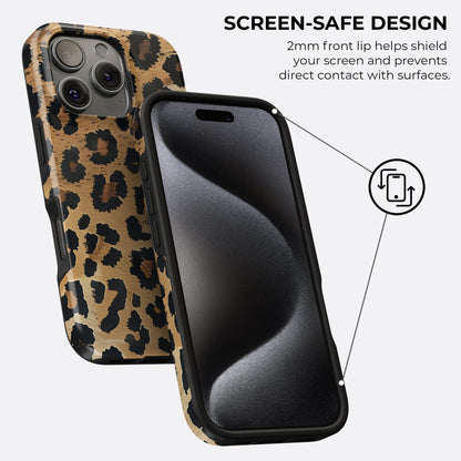 HaloCovers leopard print tough phone case with 2mm raised front lip screen-safe design, shock-absorbing dual-layer protection, stylish animal print cover compatible with iPhone, Samsung Galaxy, and Google Pixel