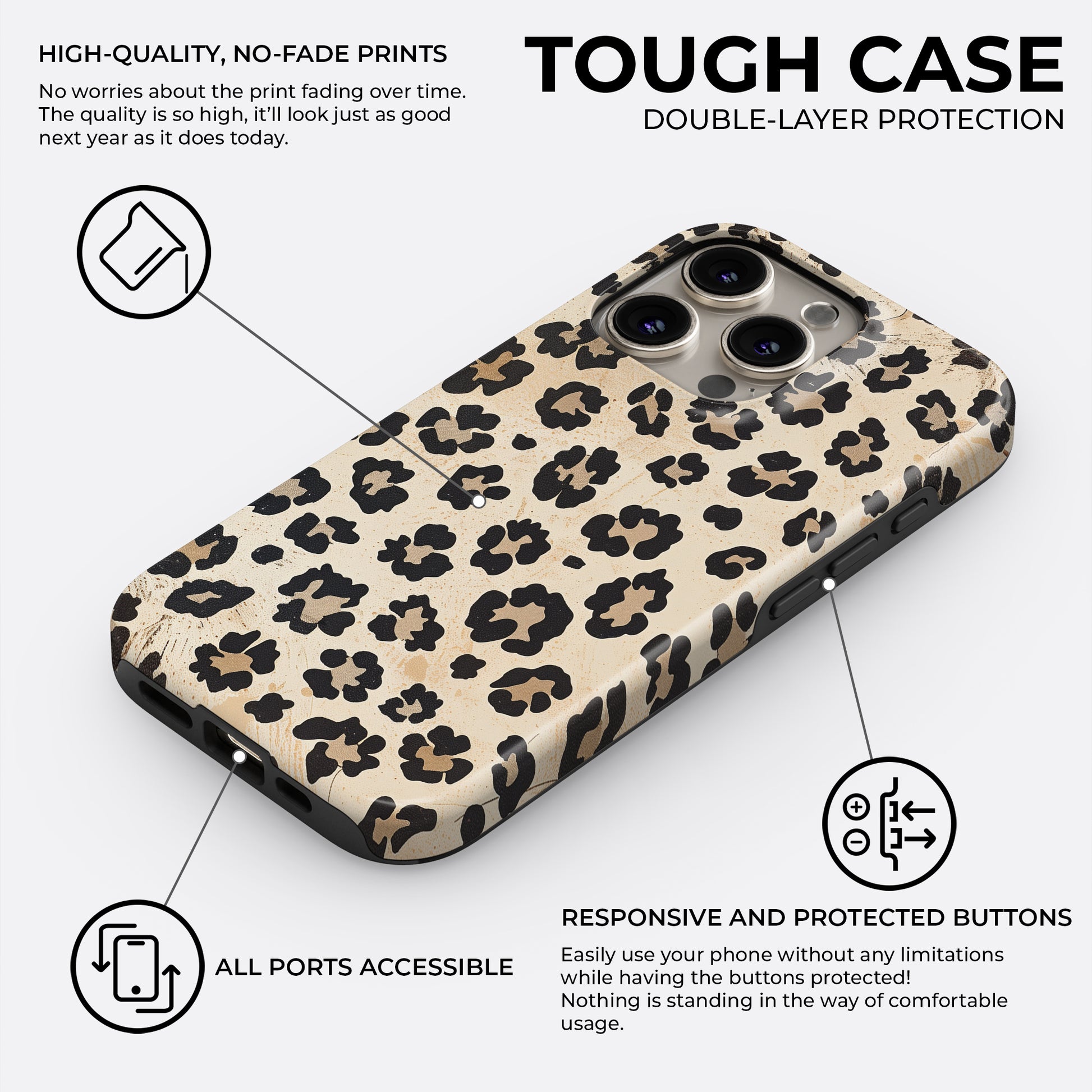 Leopard print tough phone case with double layer protection, featuring high quality no fade animal pattern and responsive protected buttons