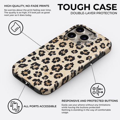 Leopard print tough phone case with double layer protection, featuring high quality no fade animal pattern and responsive protected buttons