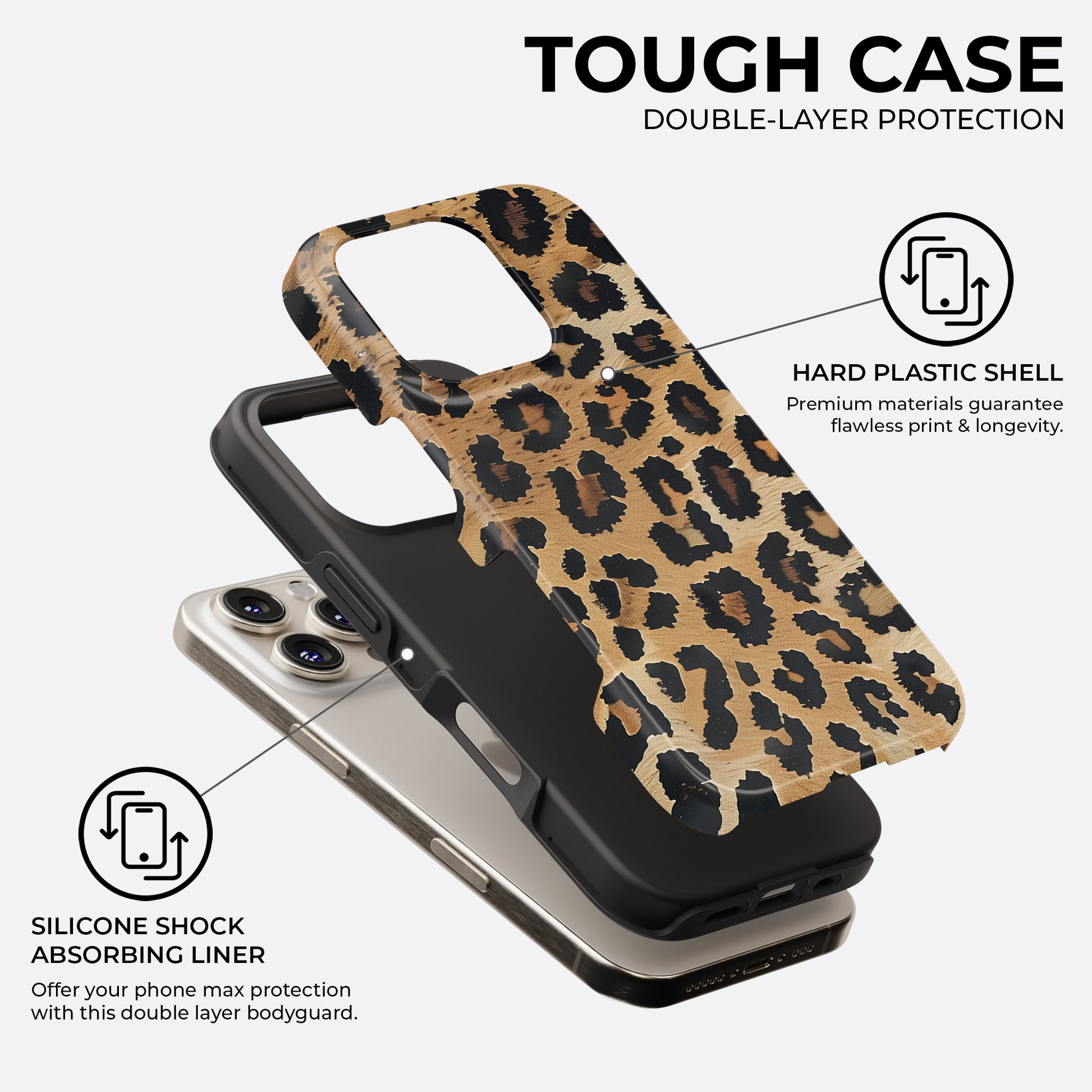HaloCovers leopard print tough phone case showing double-layer protection with hard plastic shell and silicone shock absorbing liner, stylish animal print design compatible with iPhone, Samsung Galaxy, and Google Pixel