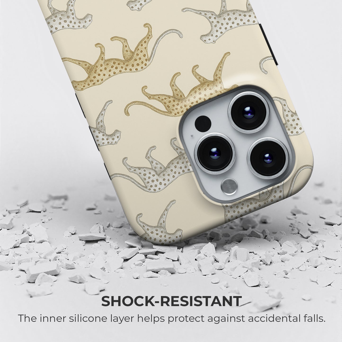Leopard tough phone case with shock-resistant protection and inner silicone layer that guards against accidental drops, by HaloCovers