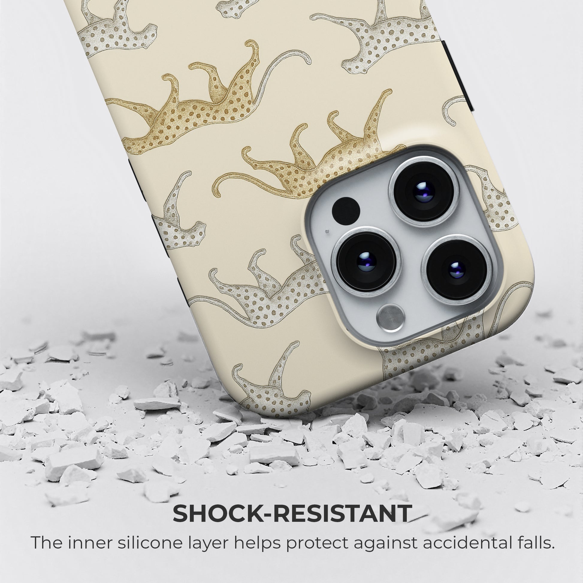 Leopard tough phone case with shock-resistant protection and inner silicone layer that guards against accidental drops, by HaloCovers