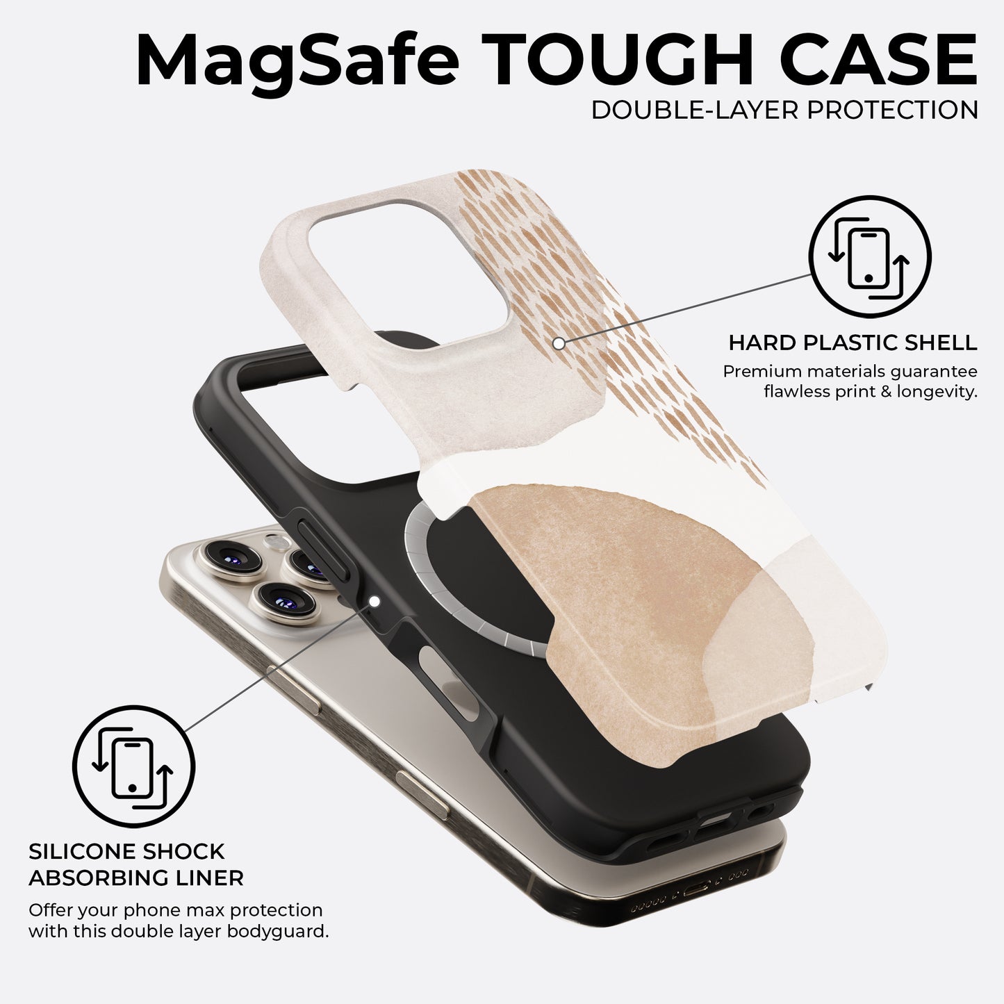 Minimal beige abstract MagSafe tough phone case showing double layer protection with hard plastic shell and silicone shock absorbing liner for maximum durability
