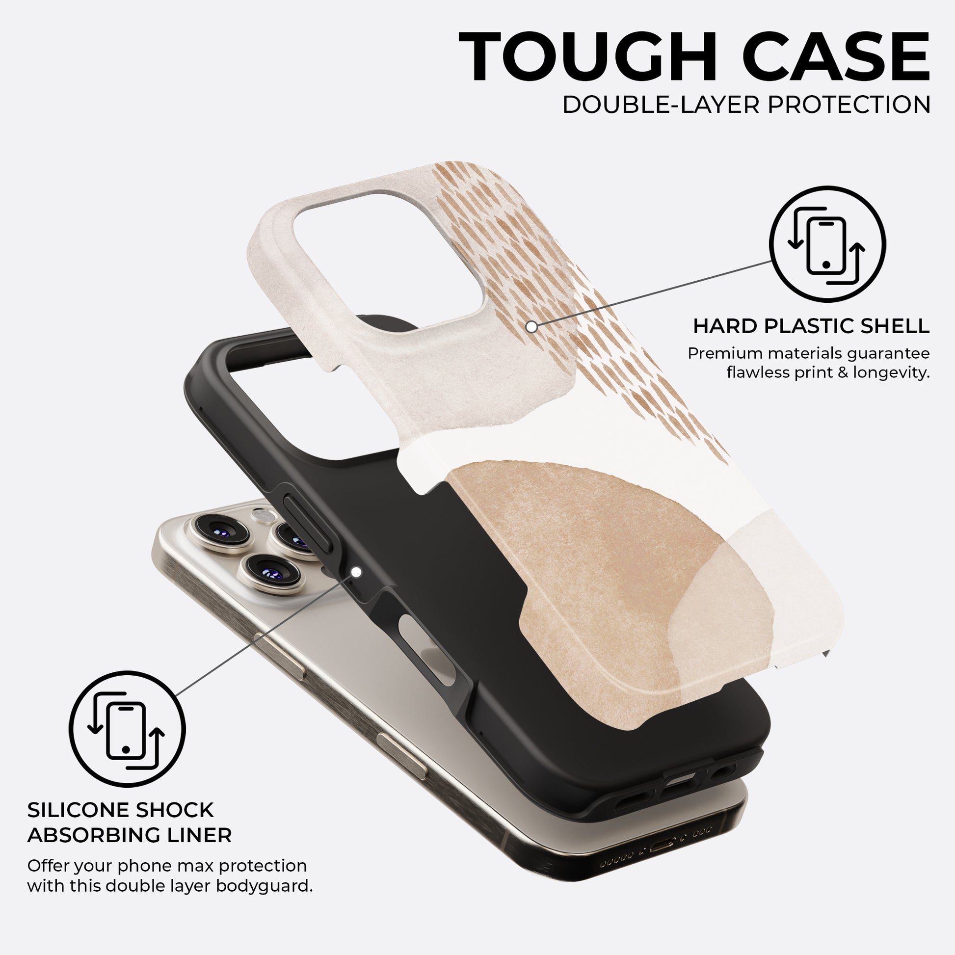 Minimal beige abstract tough phone case showing double layer protection with hard plastic shell and silicone shock absorbing liner for maximum phone safety