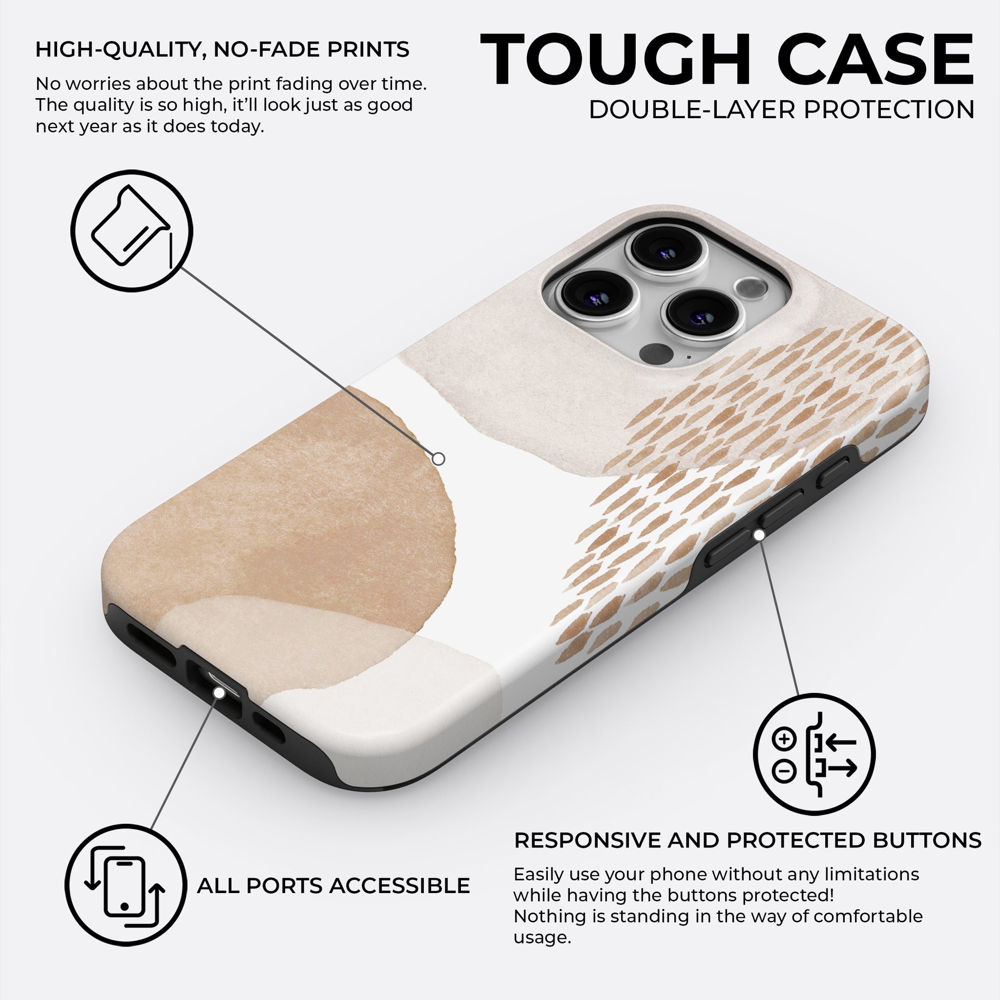 Minimal beige abstract tough phone case featuring double layer protection with no fade print, responsive buttons and accessible ports
