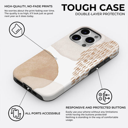 Minimal beige abstract tough phone case featuring double layer protection with no fade print, responsive buttons and accessible ports