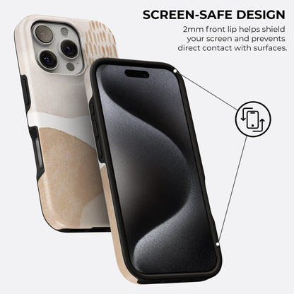 Minimal beige abstract tough phone case with screen safe design featuring raised 2mm front lip to protect the screen from direct surface contact